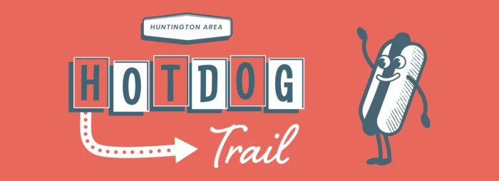 mid-century style sign for the huntington area hot dog trail
